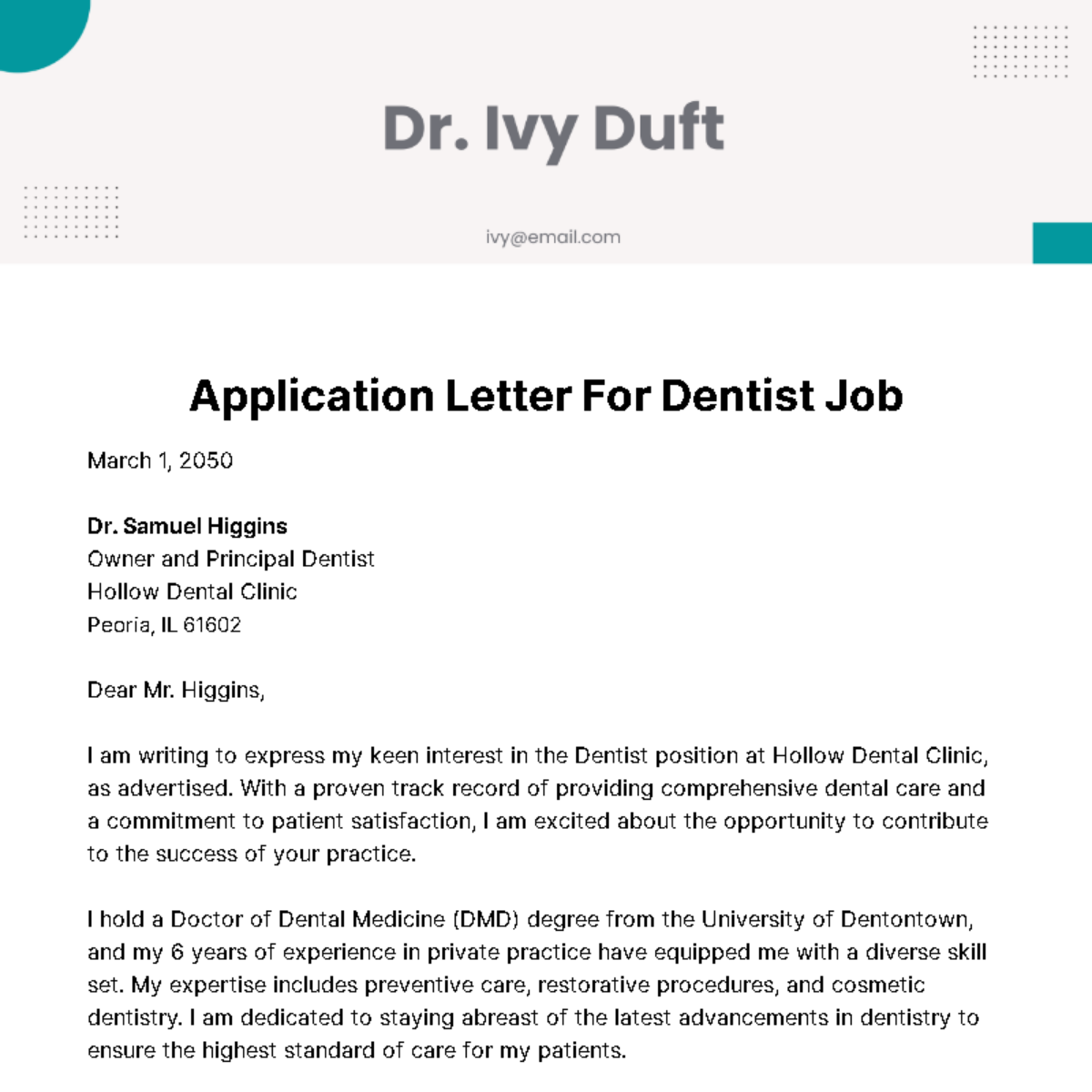 Free Application Letter for Dentist Job Template