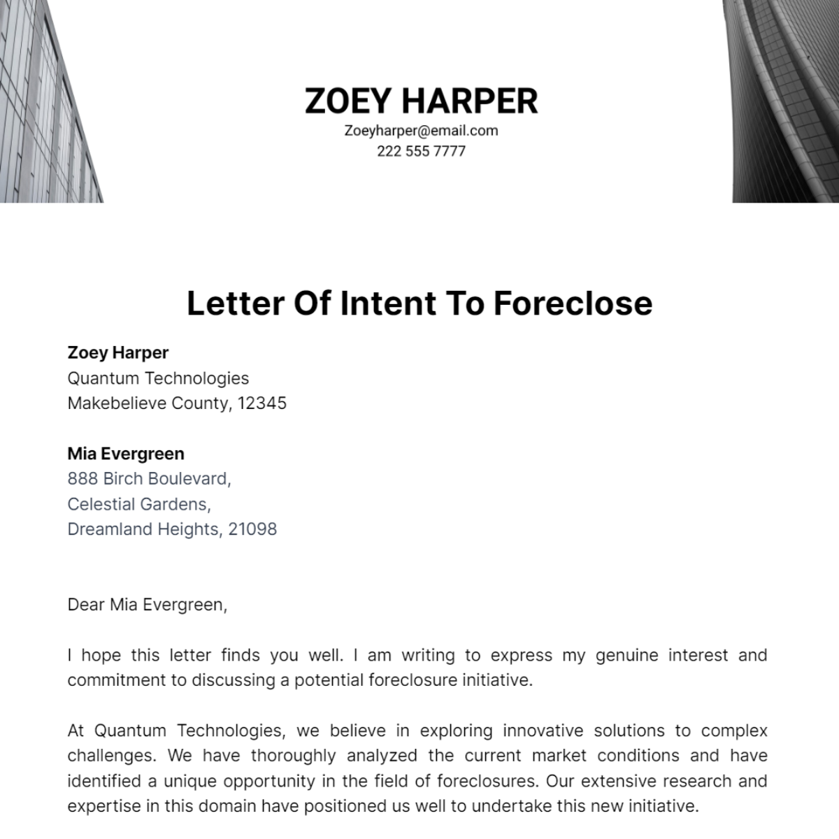 Letter Of Intent To Foreclose Template