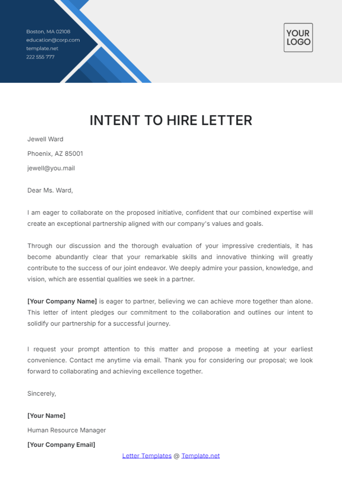 Intent to Hire Letter Template - Edit Online & Download