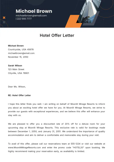 Free Hotel Offer Letter Template to Edit Online
