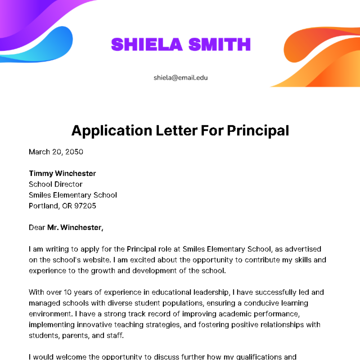 Free Application Letter for Principal Template
