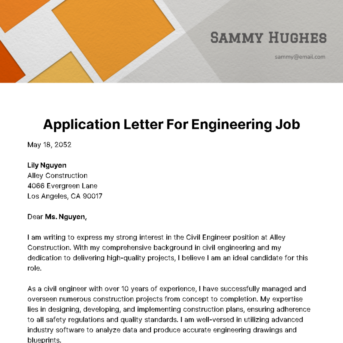 Application Letter for Engineering Job Template