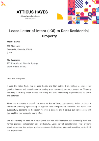 Free Lease Letter of Intent (LOI) to Rent Residential Property Template to Edit Online