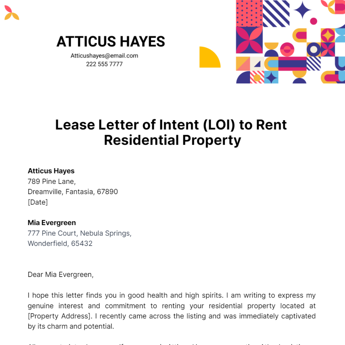 Lease Letter of Intent (LOI) to Rent Residential Property Template