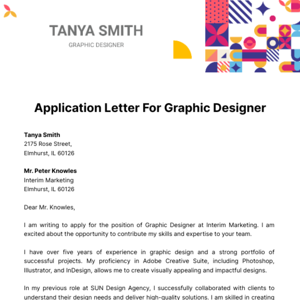 Free Application Letter for Graphic Designer Template