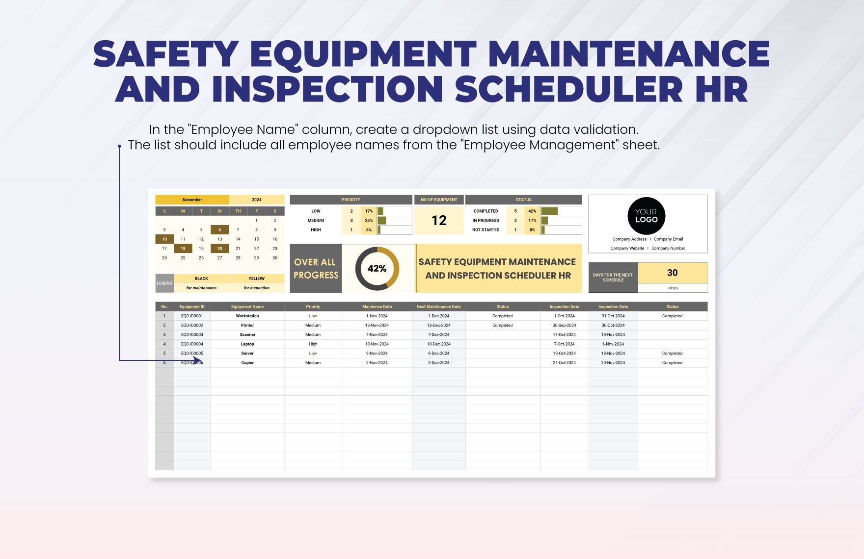 Safety Equipment Maintenance and Inspection Scheduler HR Template