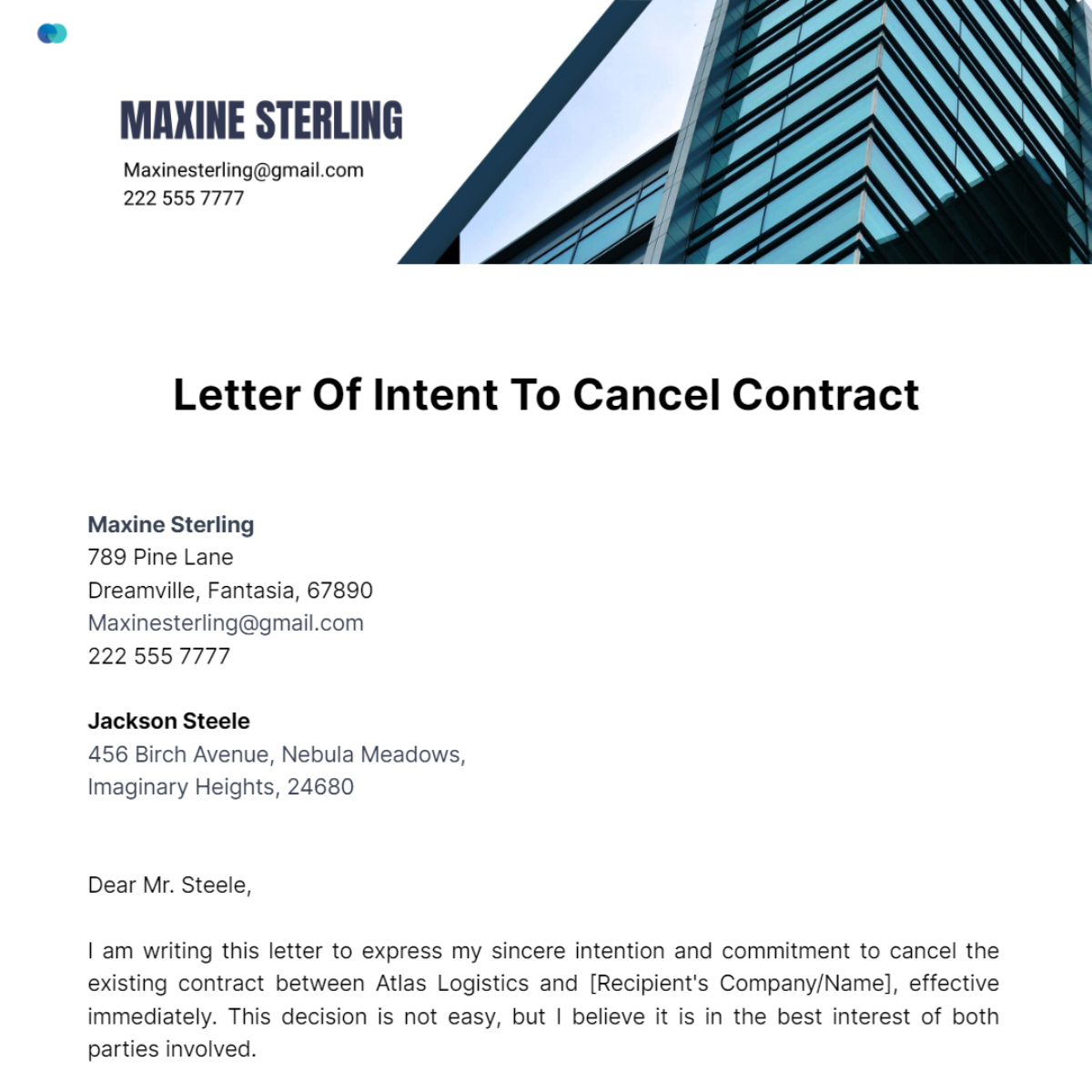 Letter Of Intent To Cancel Contract Template