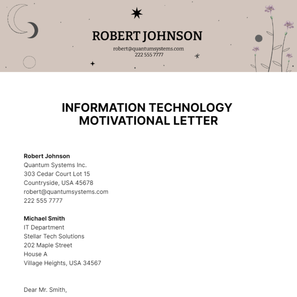 Information Technology Motivational Letter Template