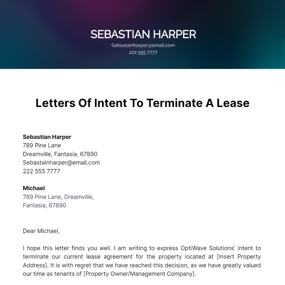 Letters Of Intent To Terminate A Lease Template