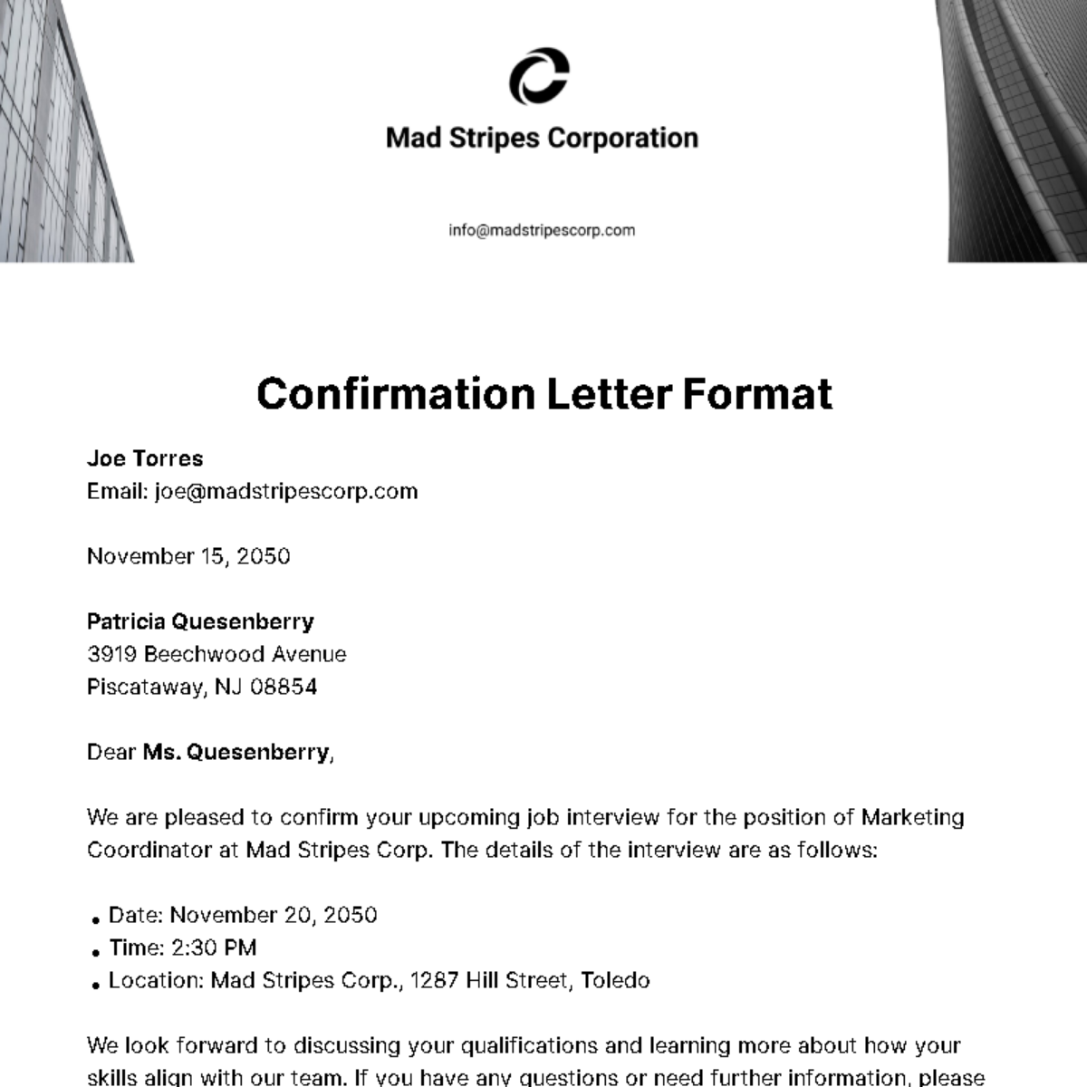 Free Confirmation Letter Format Template