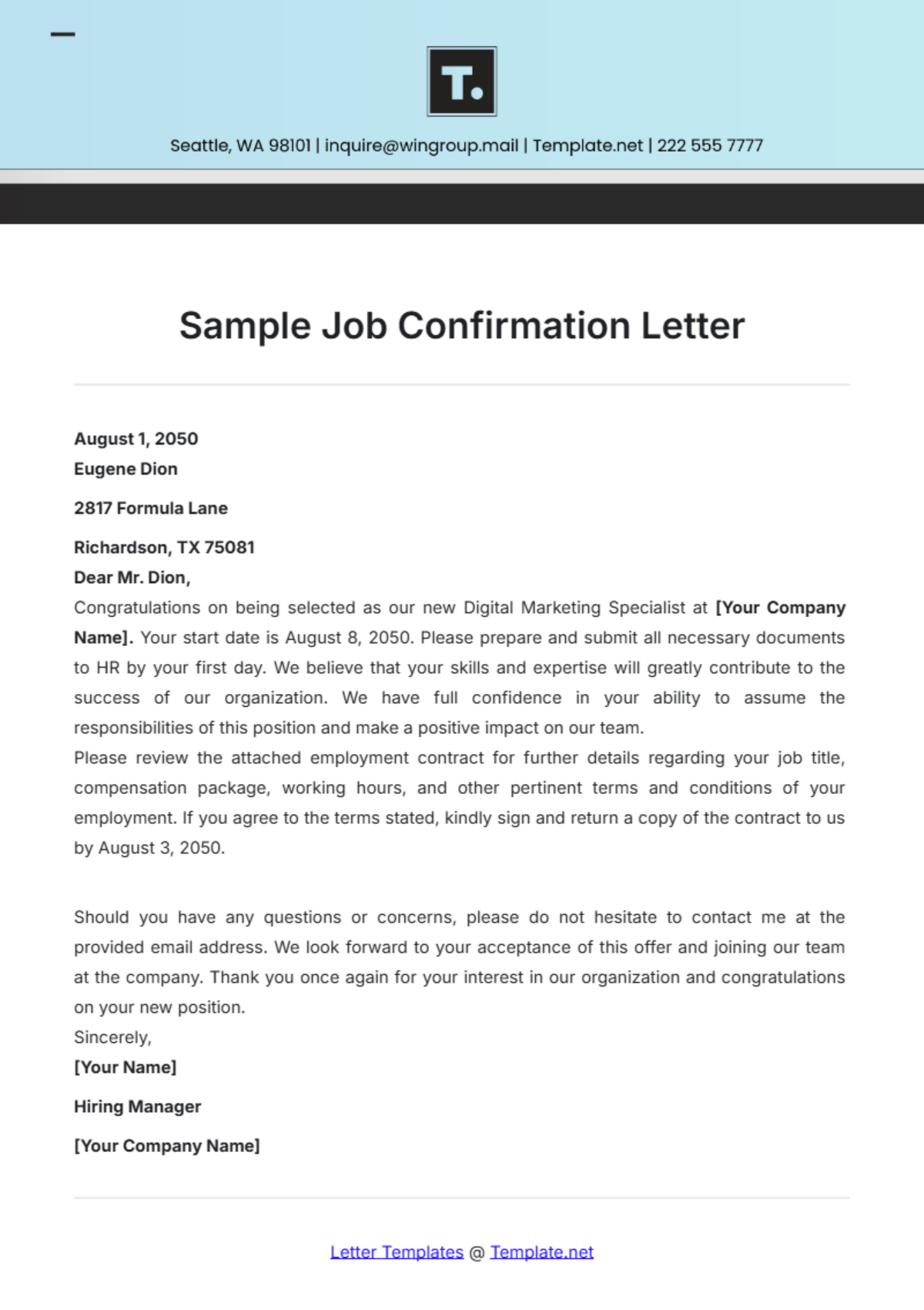 Sample Job Confirmation Letter Template - Edit Online & Download