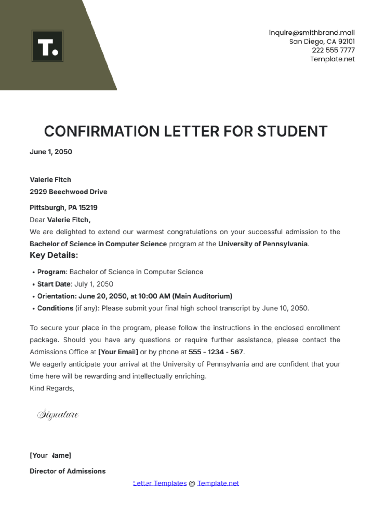 Confirmation Letter for Student Template - Edit Online & Download