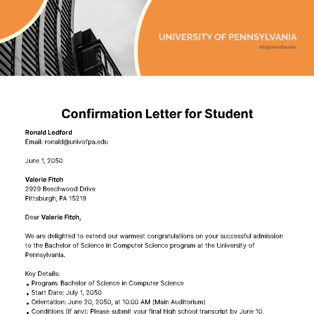Free Confirmation Letter for Student Template