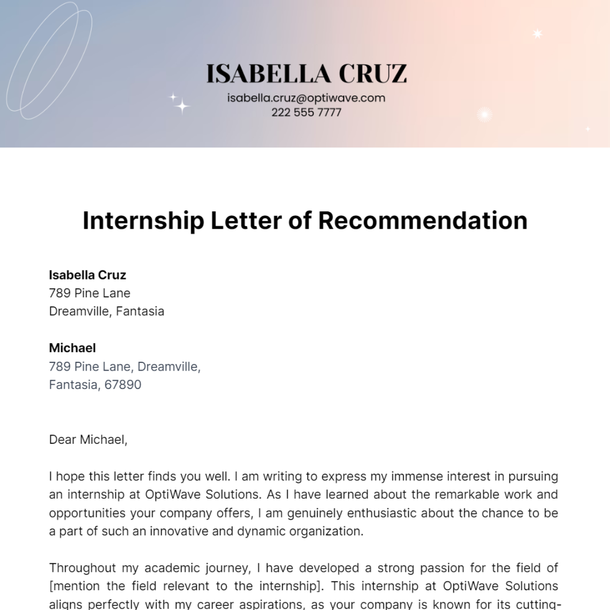 Internship Letter of Recommendation Template