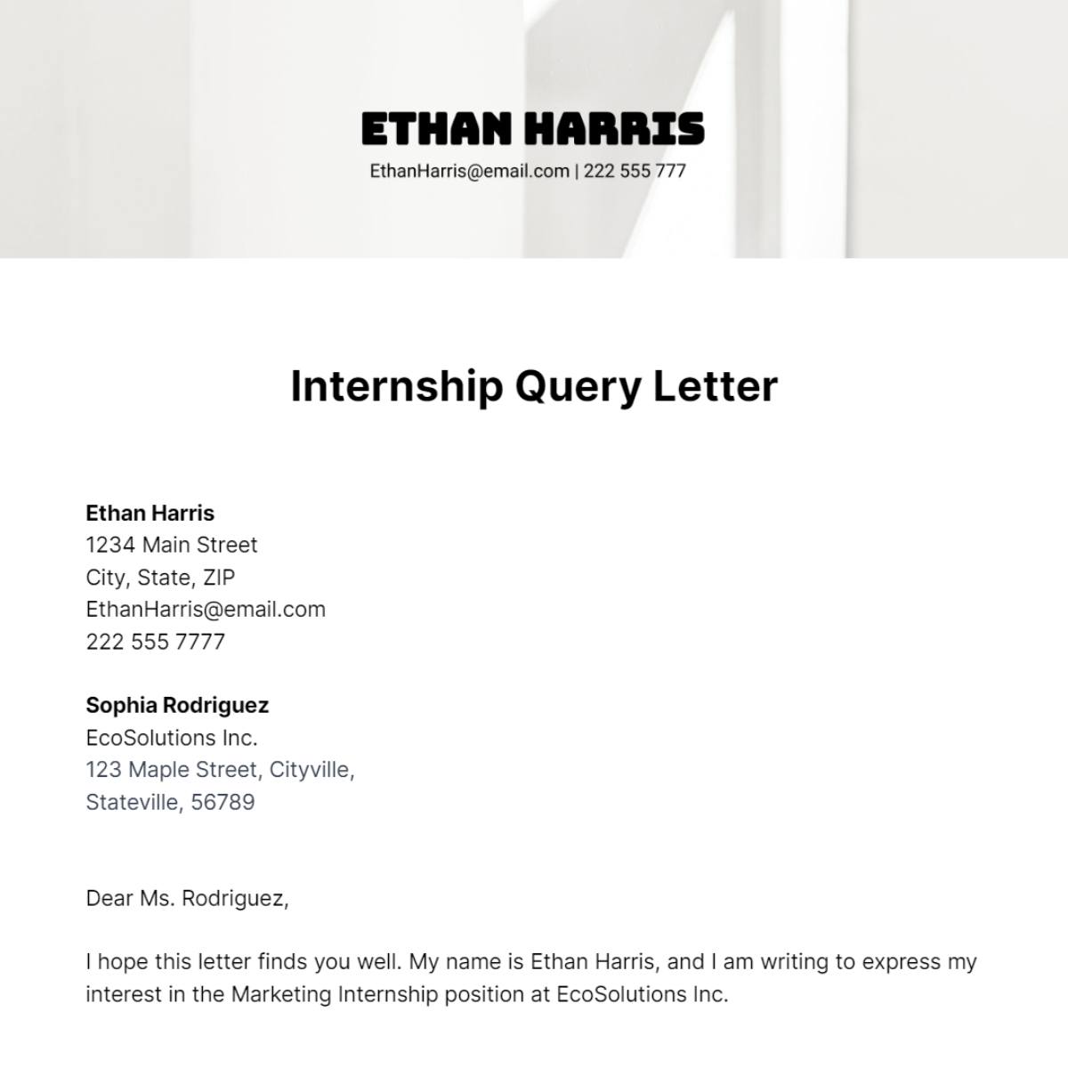 Internship Query Letter Template