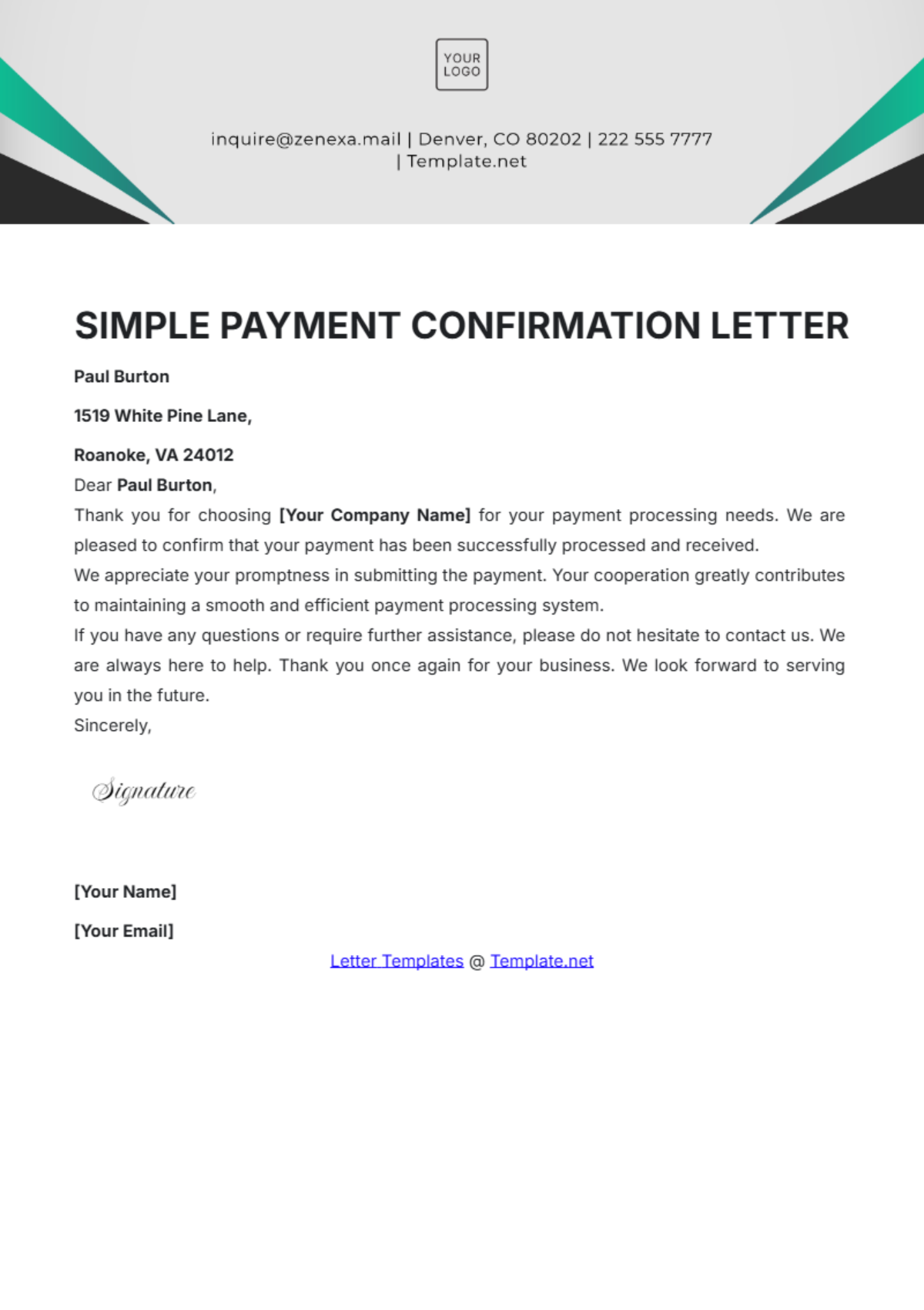 Free Simple Payment Confirmation Letter Template - Edit Online ...