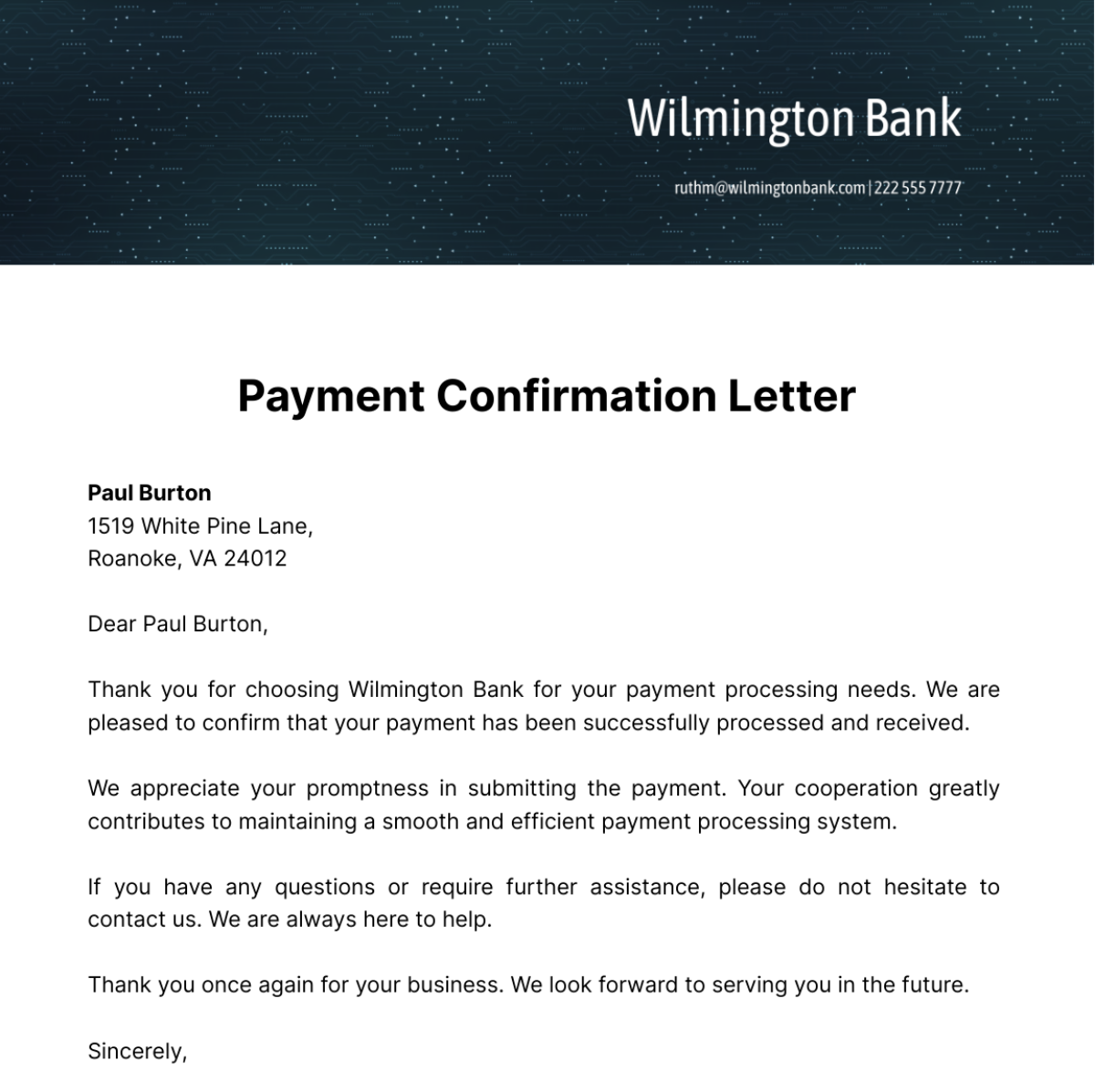 Free Payment Confirmation Letter Template