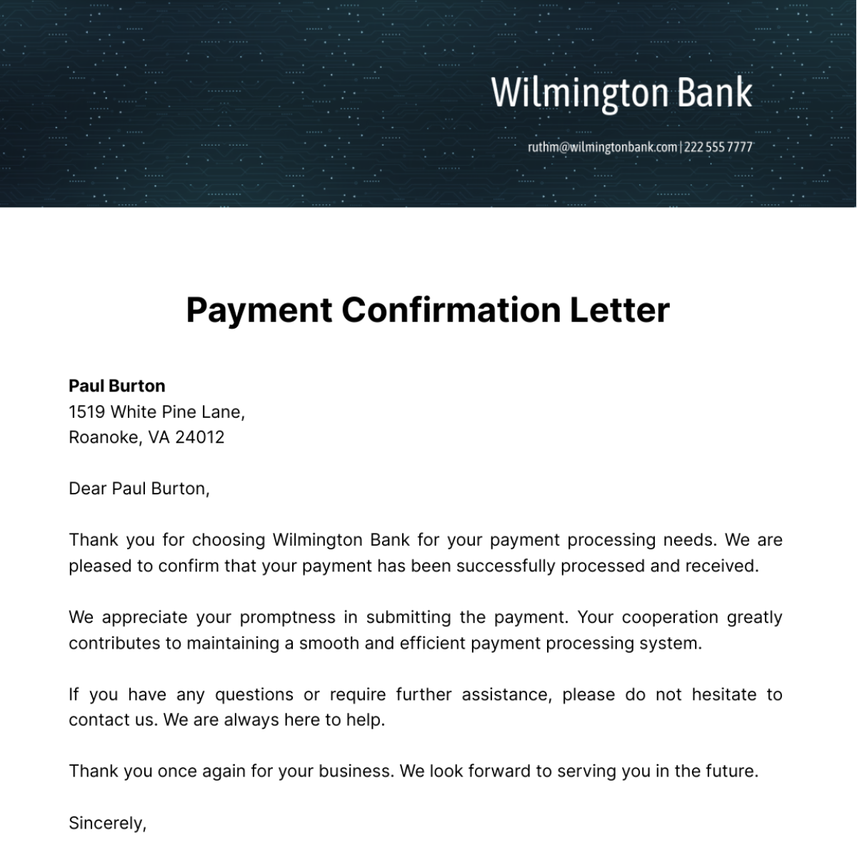 Payment Confirmation Letter Template Edit Online Download Example 