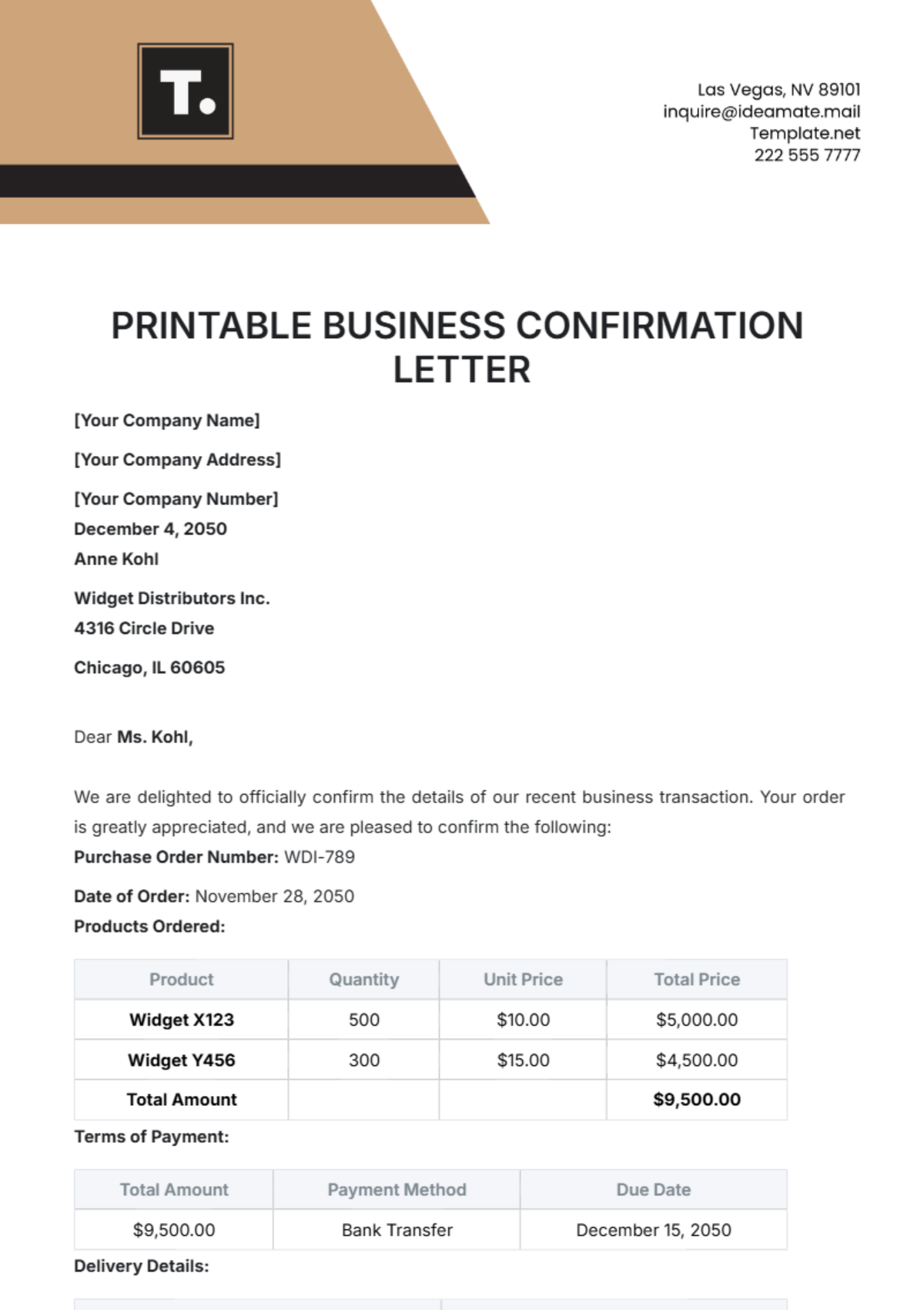 Printable Business Confirmation Letter Template - Edit Online & Download