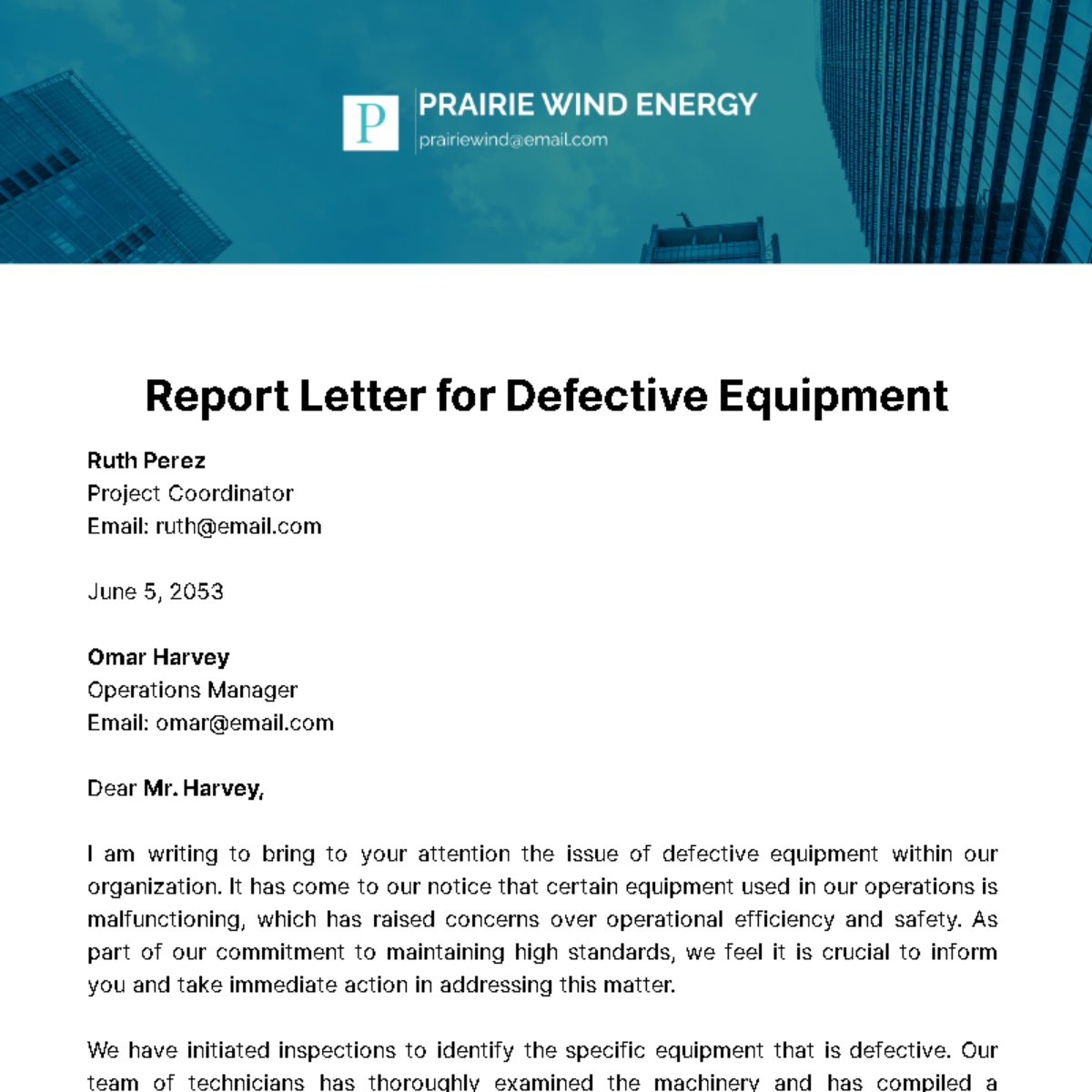 Report Letter for Defective Equipment Template