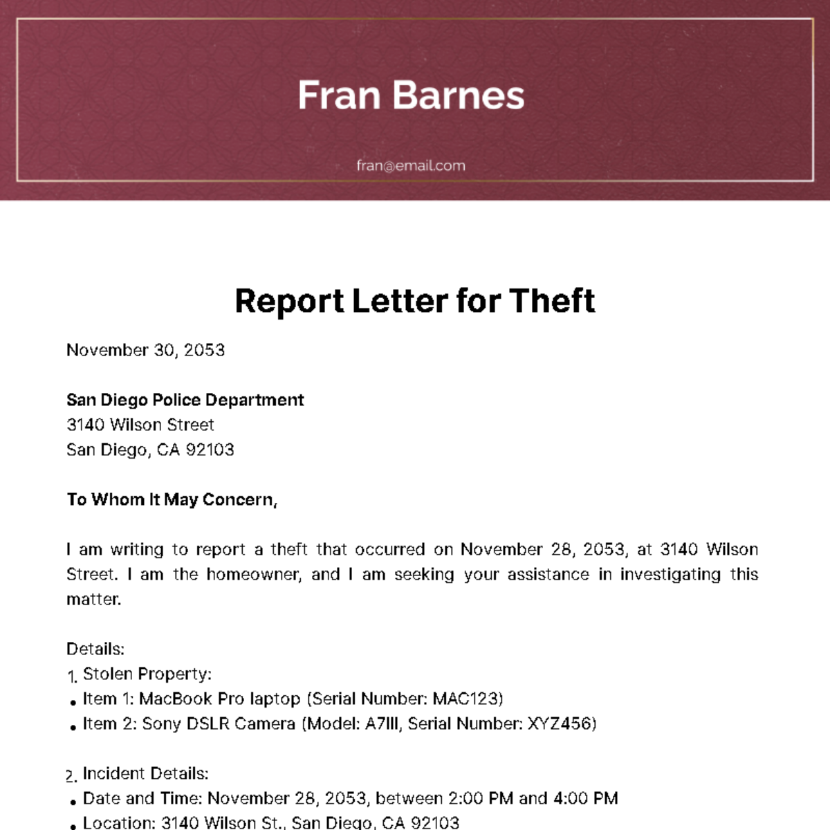 Report Letter for Theft Template