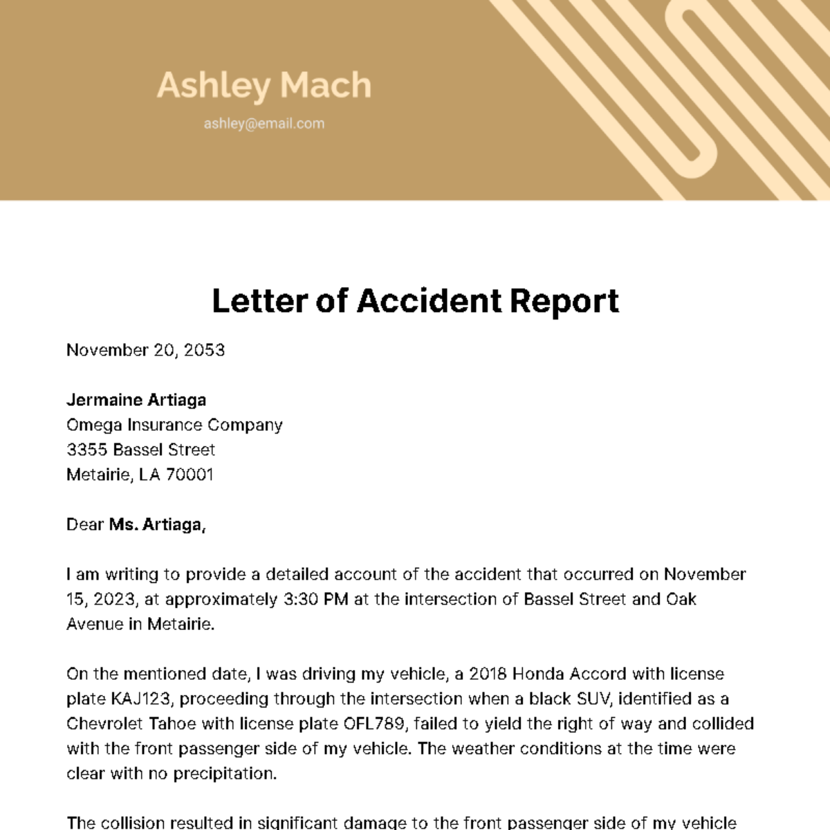 Letter of Accident Report Template