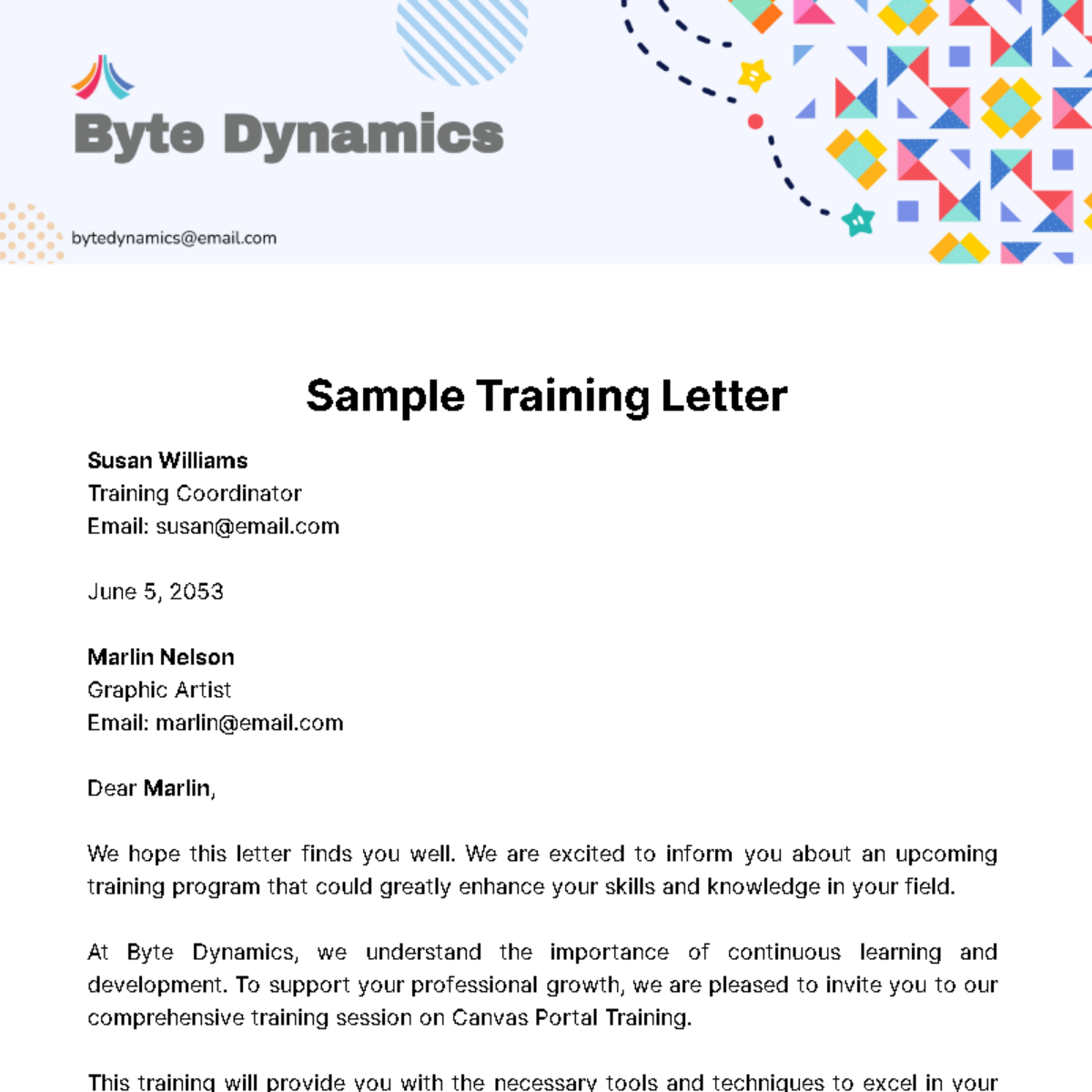Free Sample Training Letter Template