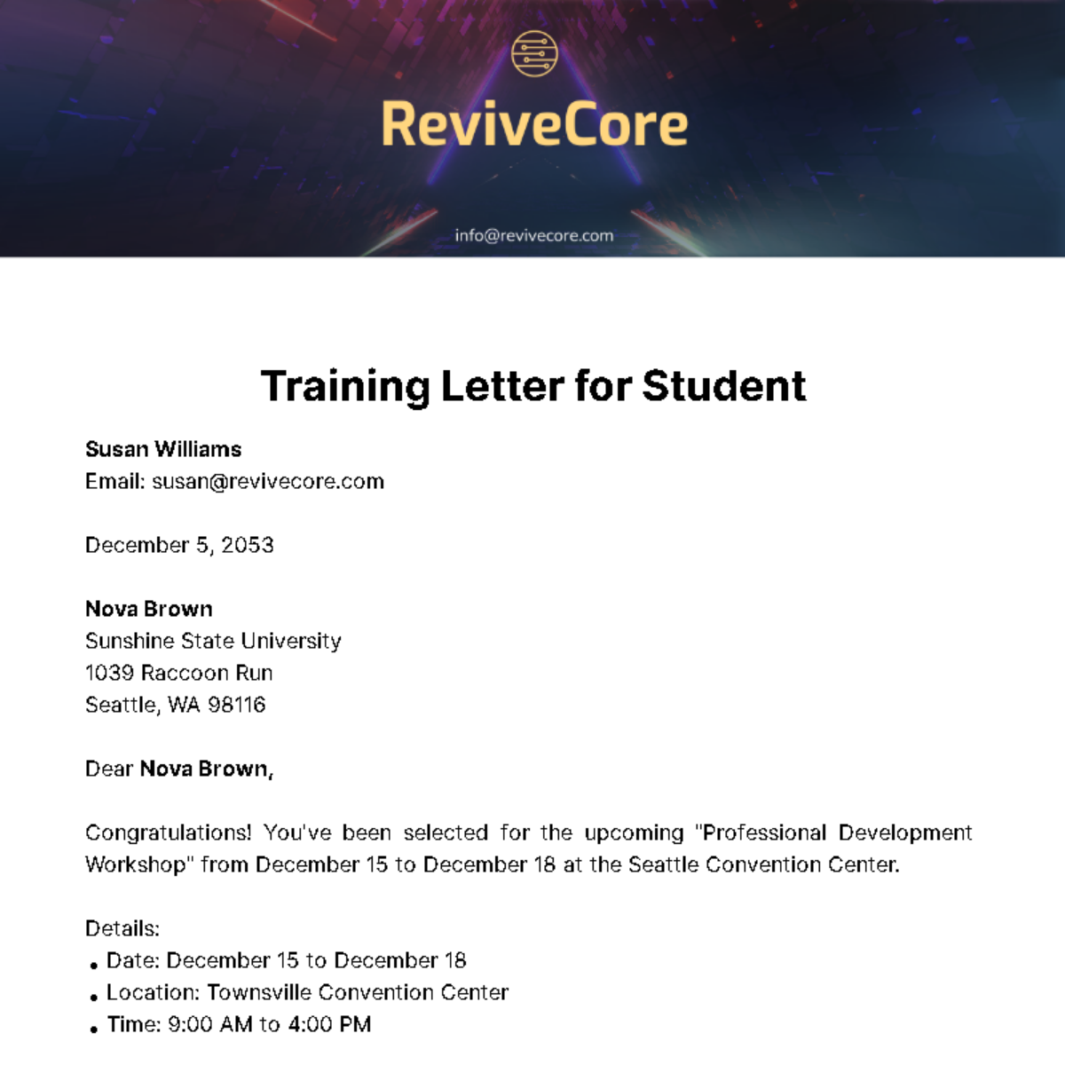 Free Training Letter for Student Template