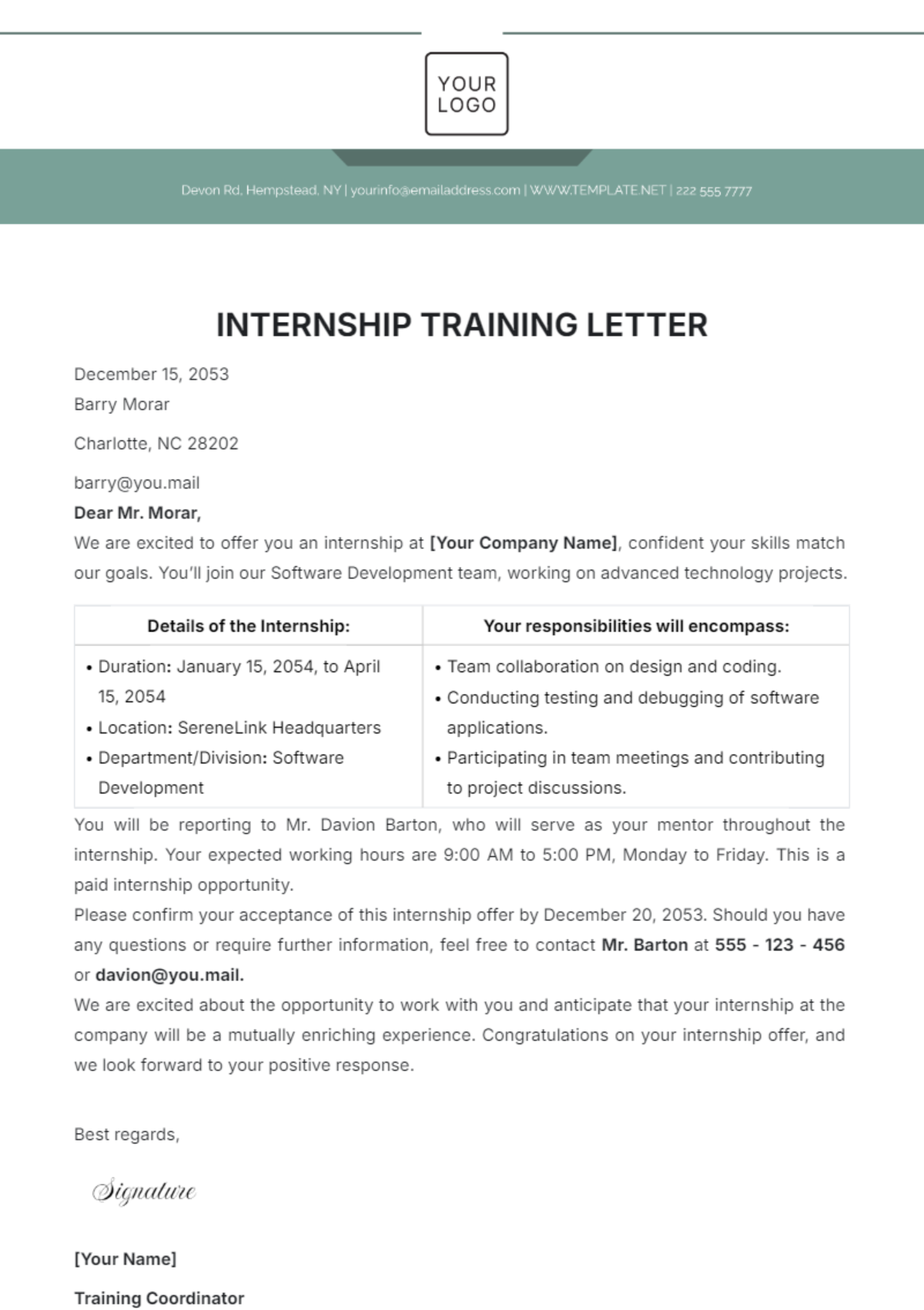 Internship Training Letter Template - Edit Online & Download