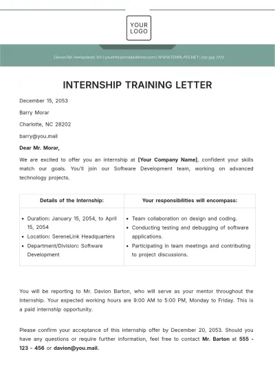 Free Internship Training Letter Template to Edit Online