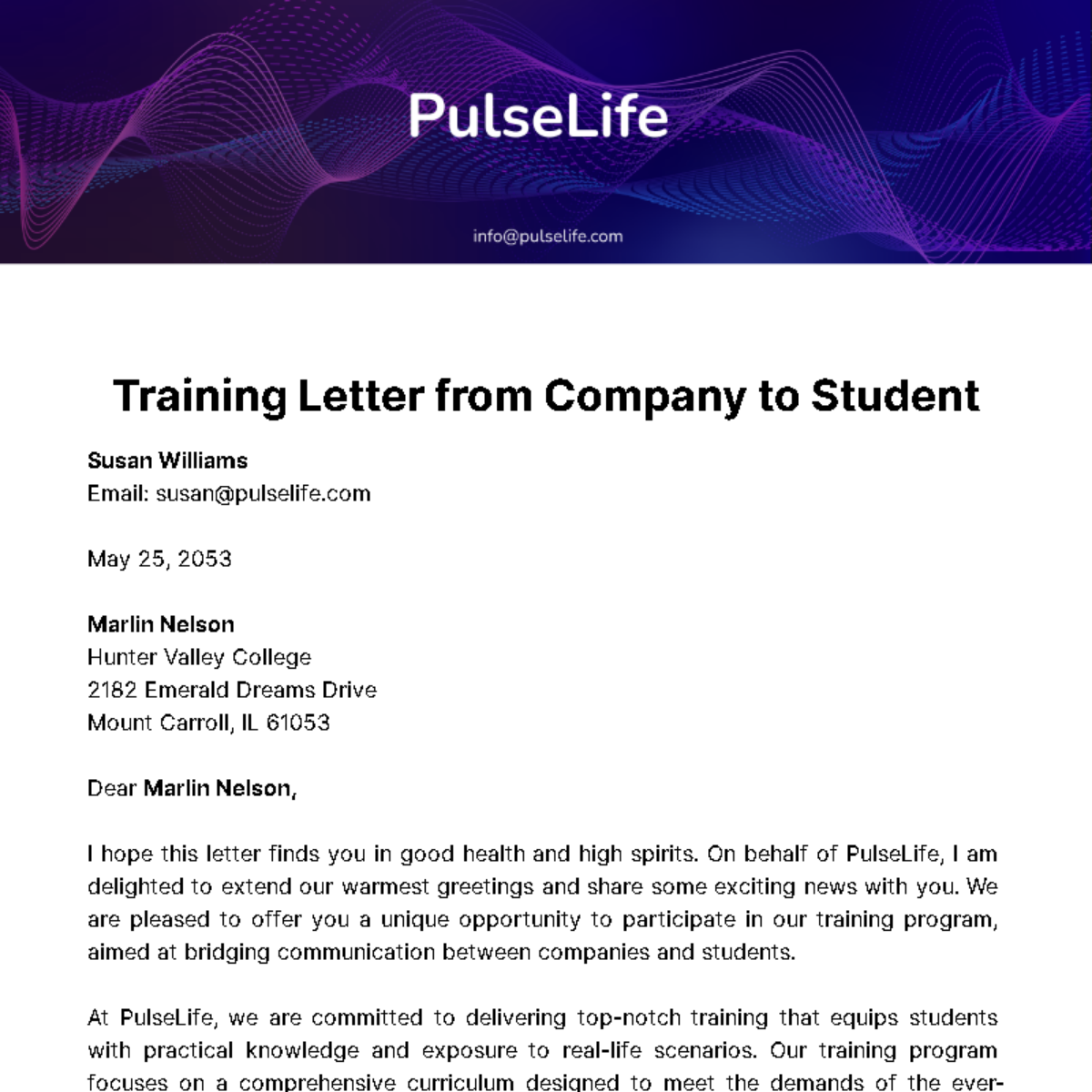 Training Letter from Company to Student Template