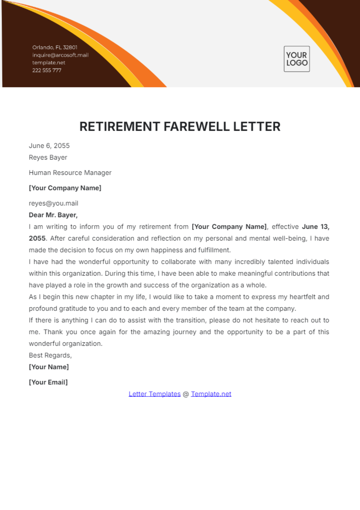 Retirement Farewell Letter Template - Edit Online & Download