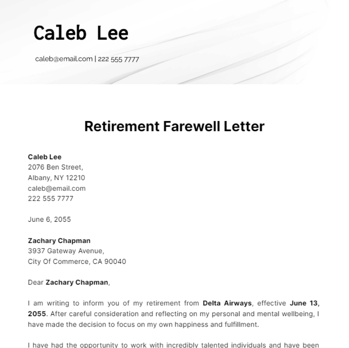 Retirement Farewell Letter Template