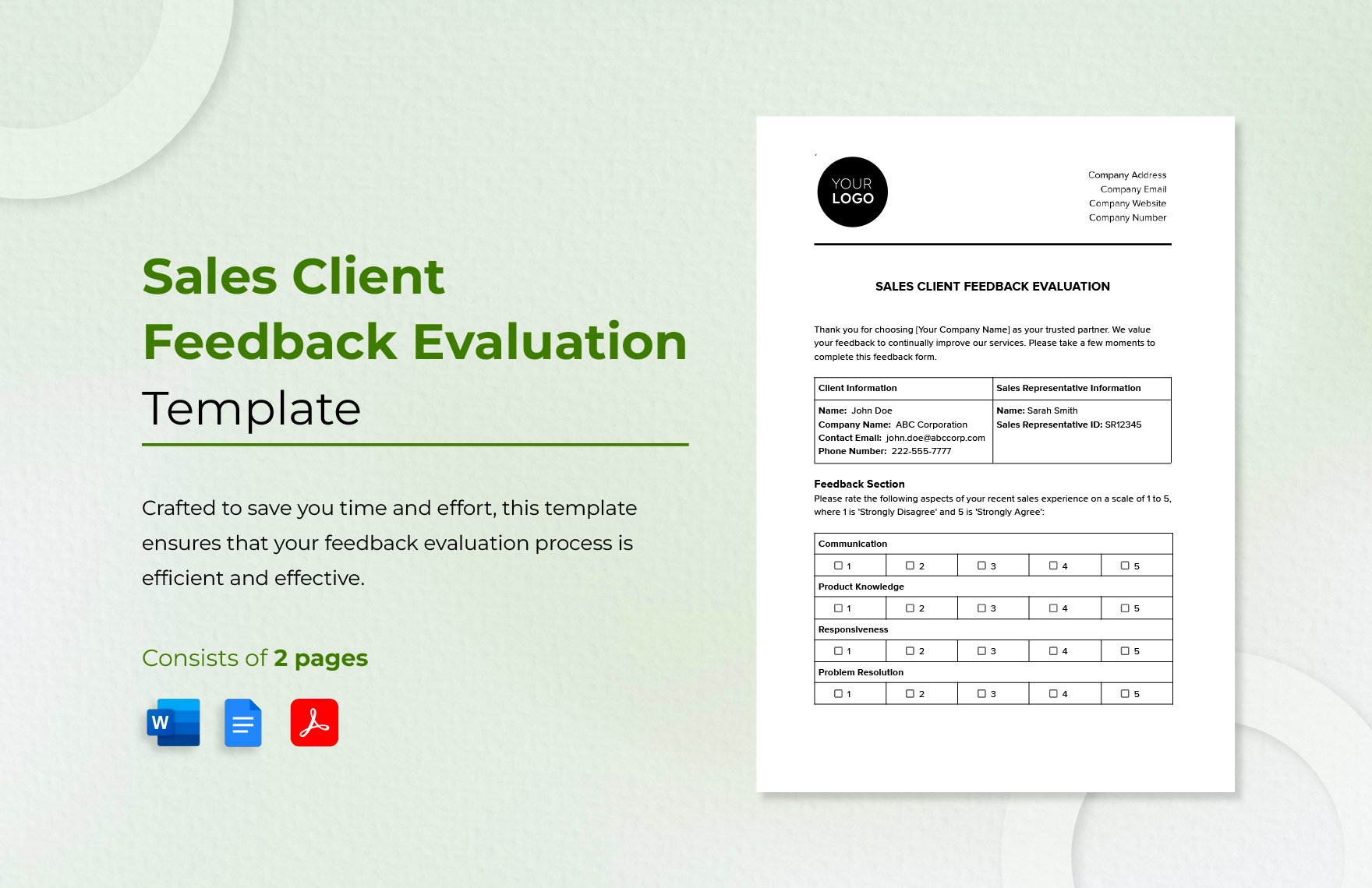Sales Client Feedback Evaluation Template in Word, Google Docs, PDF