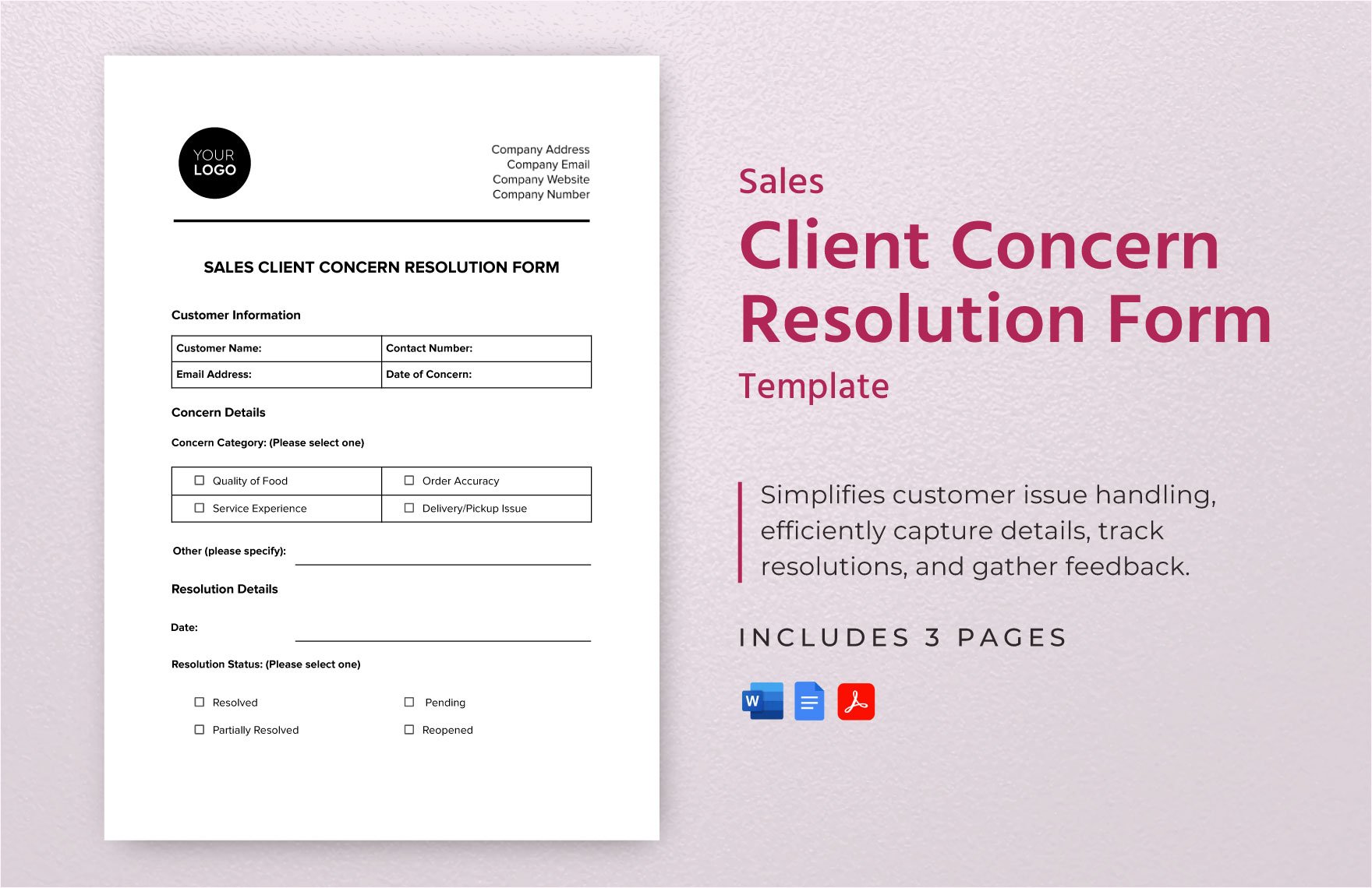 Sales Client Concern Resolution Form Template in Word, Google Docs, PDF