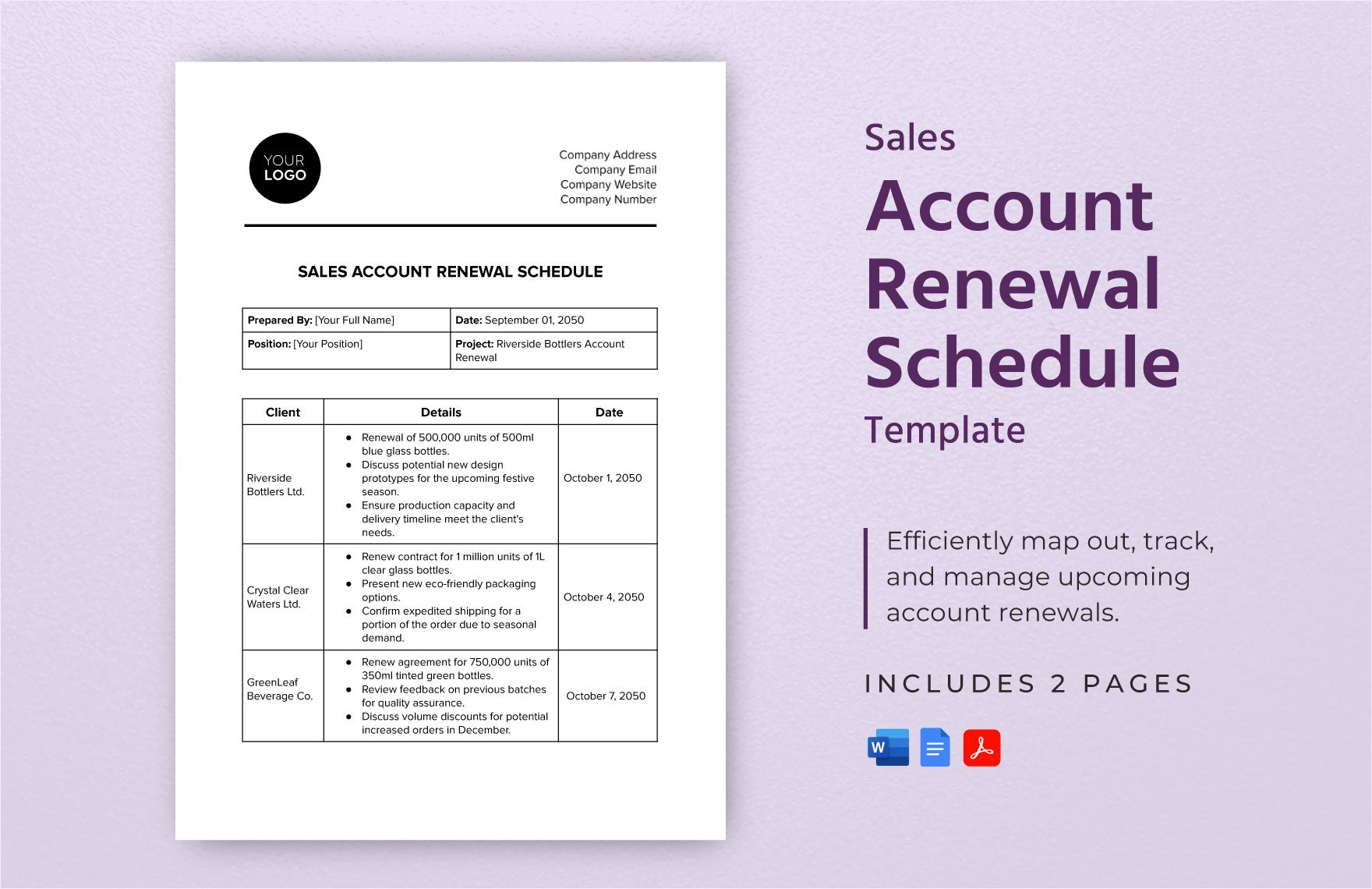 Sales Account Renewal Schedule Template in Word, Google Docs, PDF