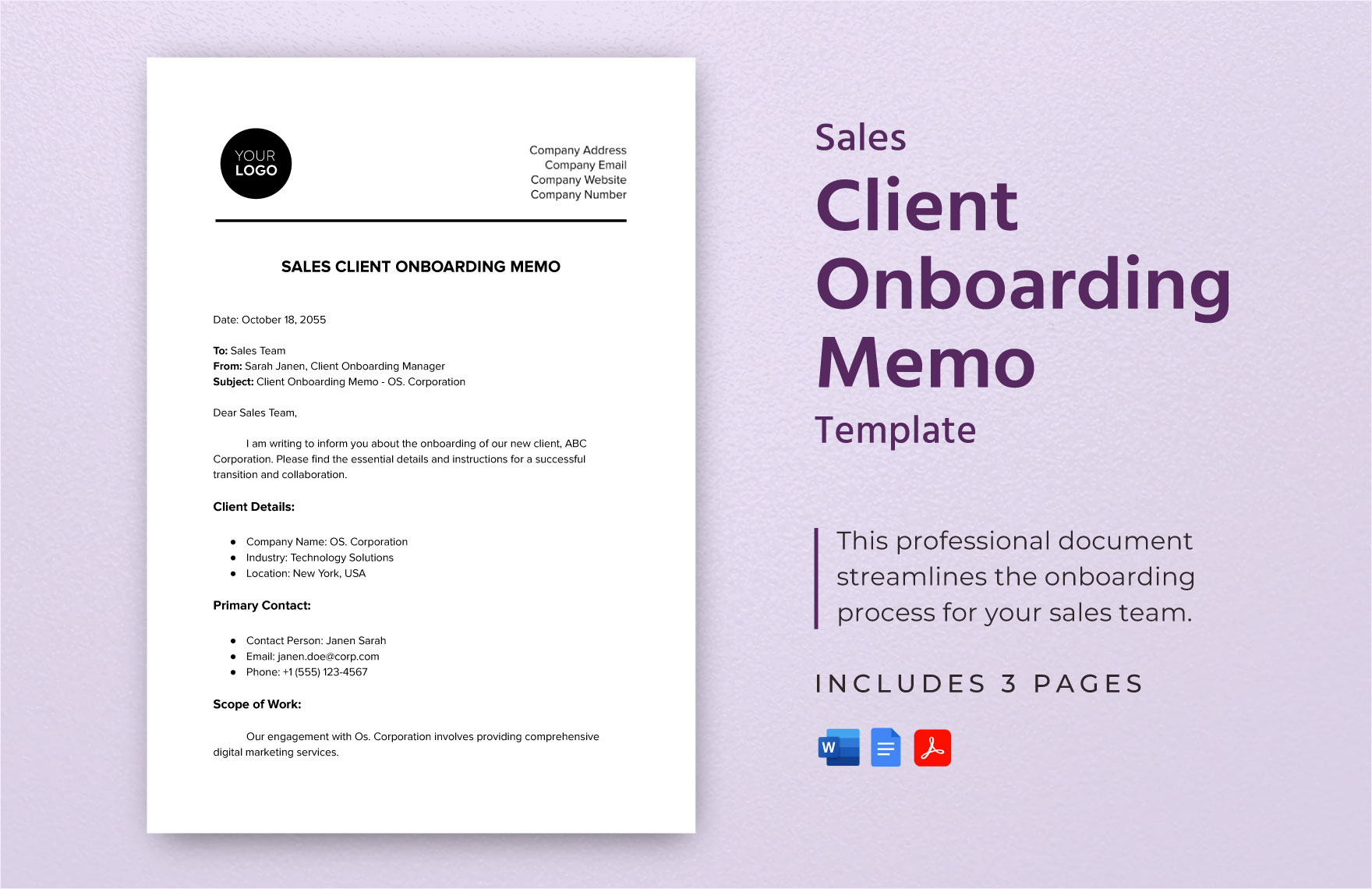 Sales Client Onboarding Memo Template