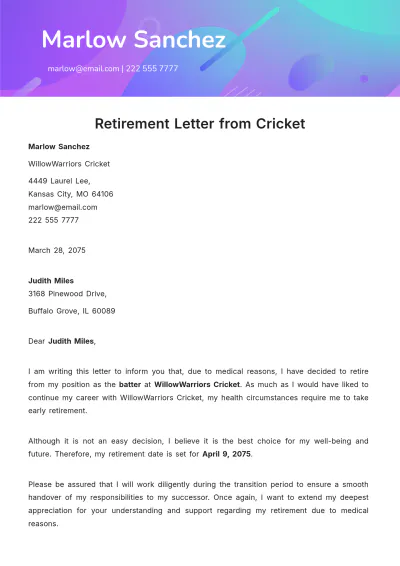 Free Retirement Letter from Cricket Template to Edit Online