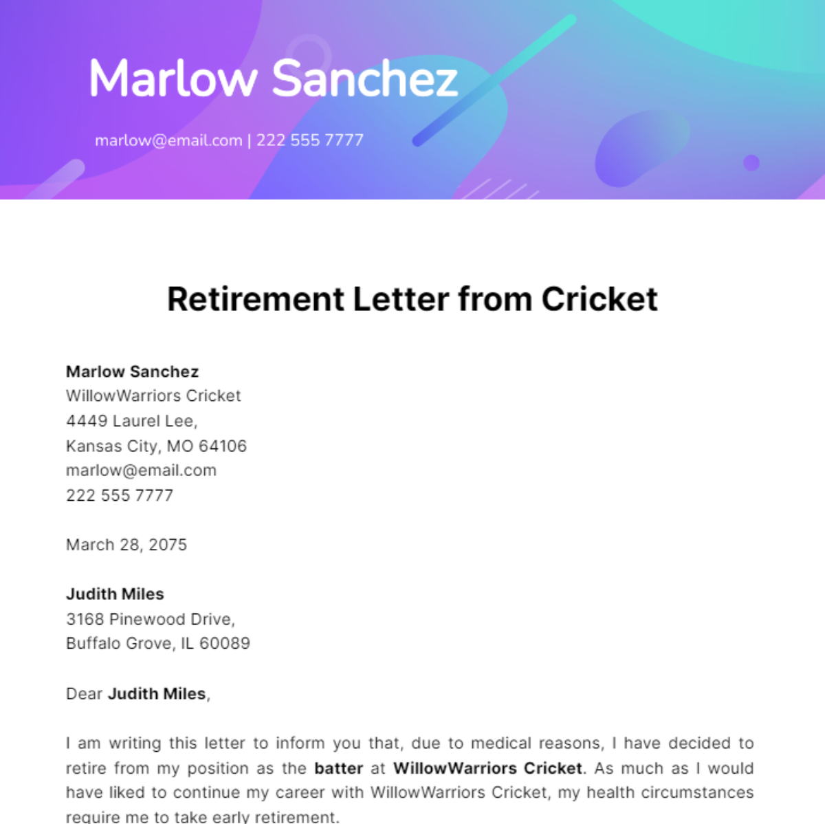 Free Retirement Letter from Cricket Template