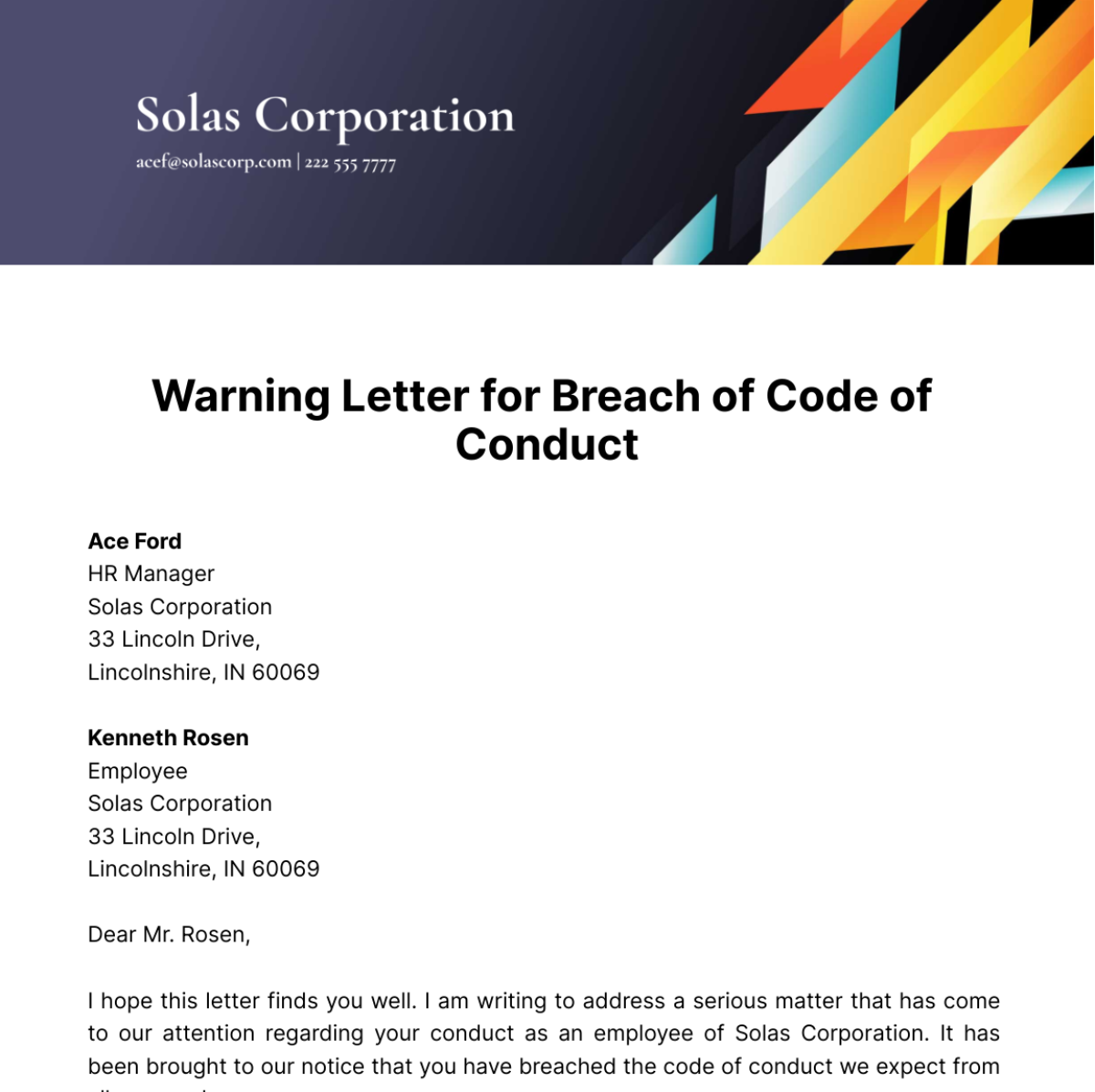 Warning Letter for Breach of Code of Conduct Template
