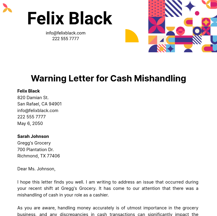 Warning Letter for Cash Mishandling Template