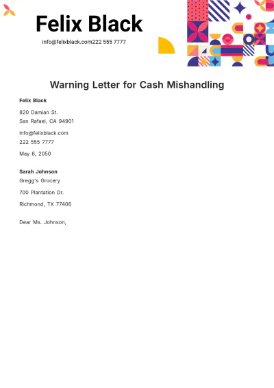 Free Warning Letter for Cash Mishandling Template to Edit Online