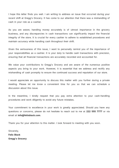 Free Warning Letter for Cash Mishandling Template to Edit Online