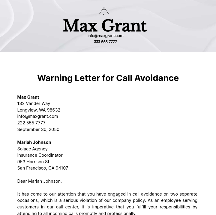 Warning Letter for Call Avoidance Template
