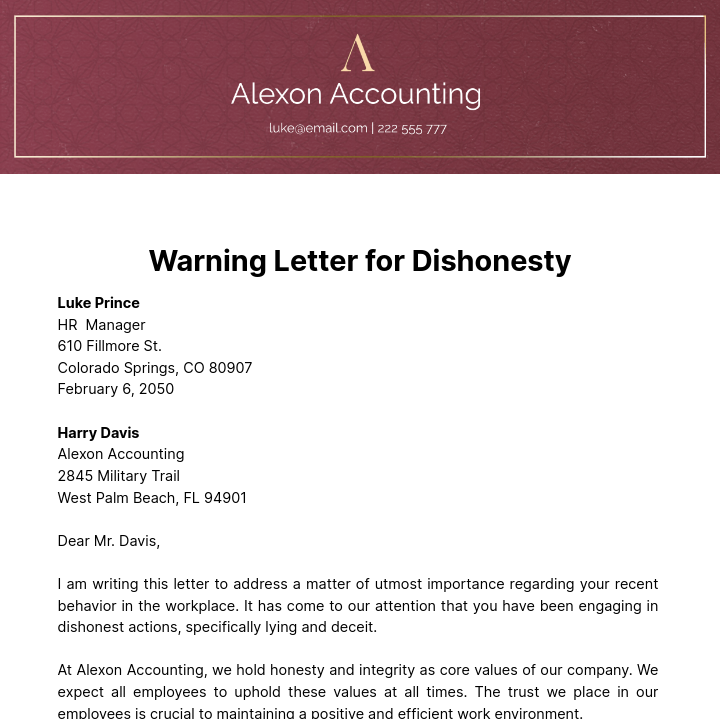 Warning Letter for Dishonesty Template