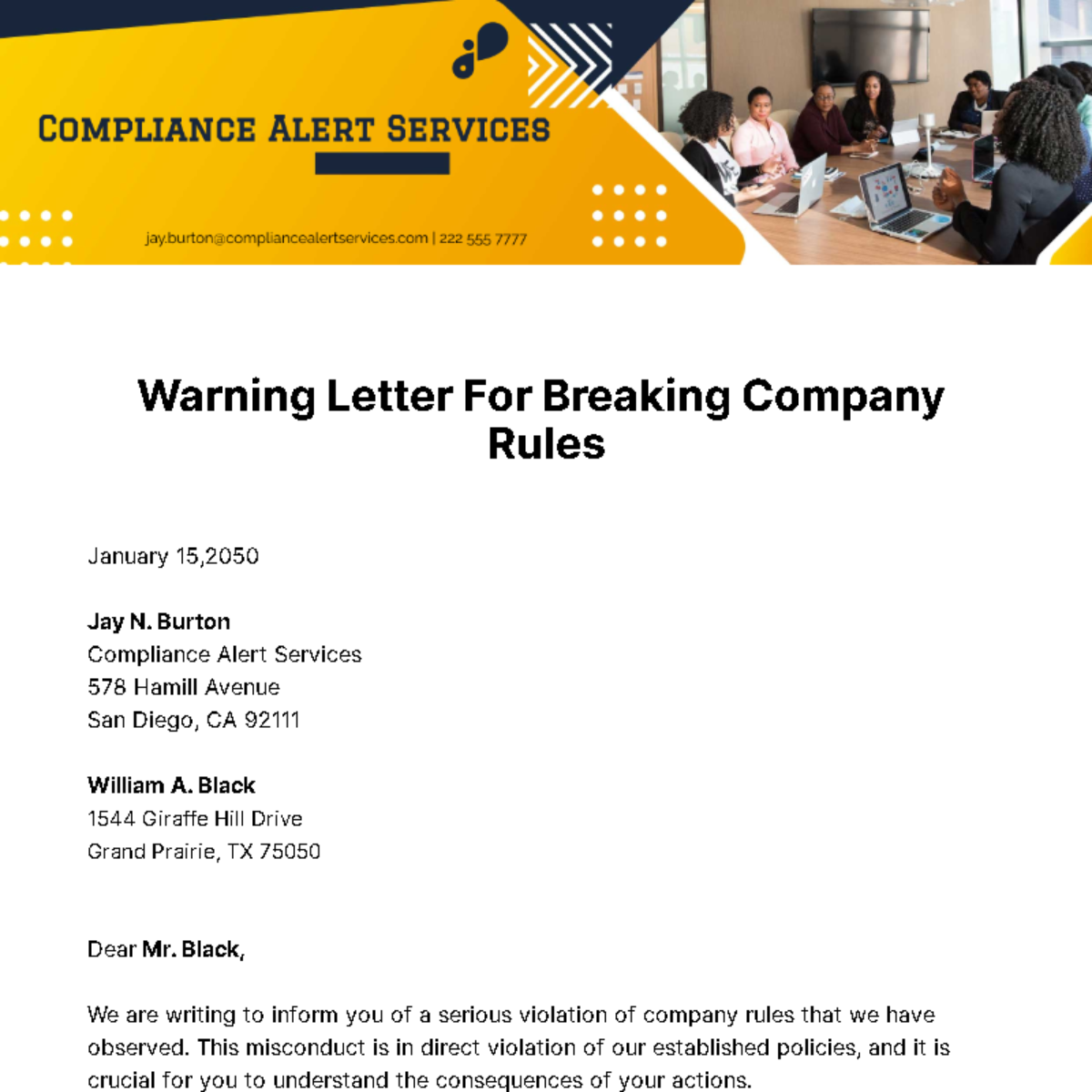 Warning Letter for Breaking Company Rules Template