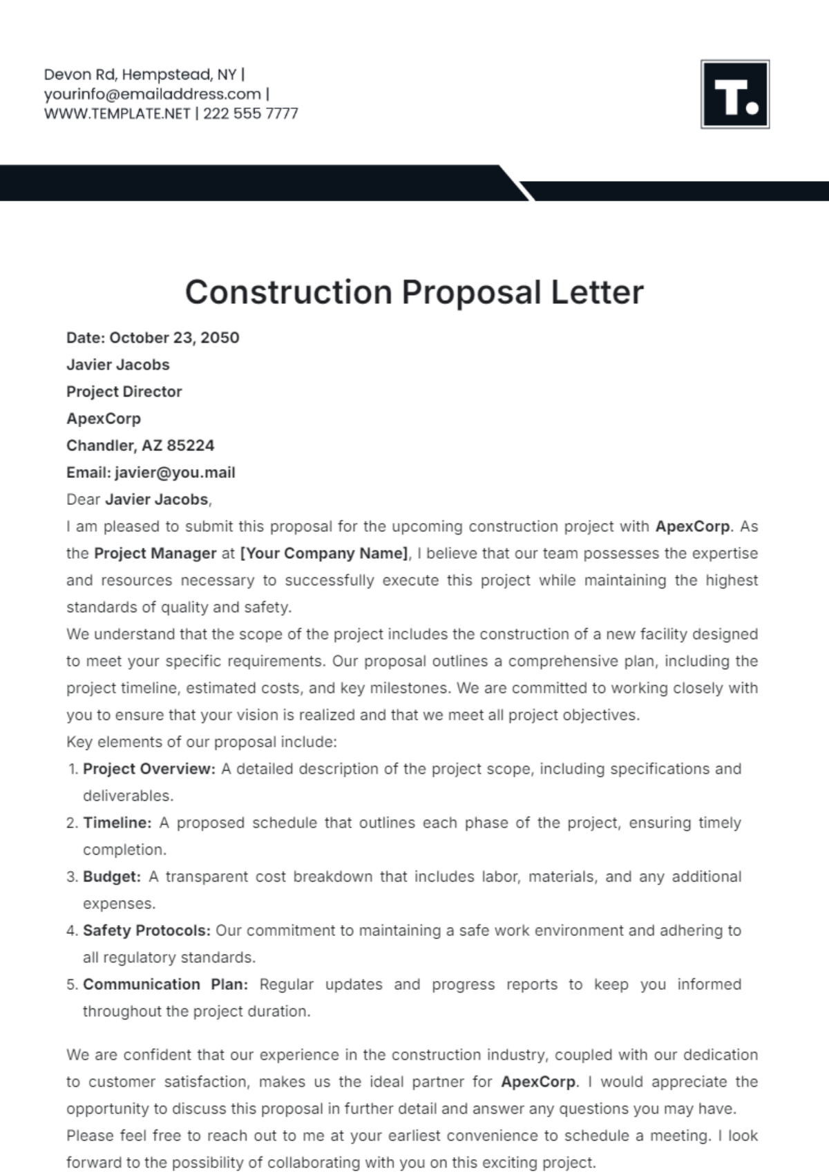 Construction Proposal Letter Template - Edit Online & Download