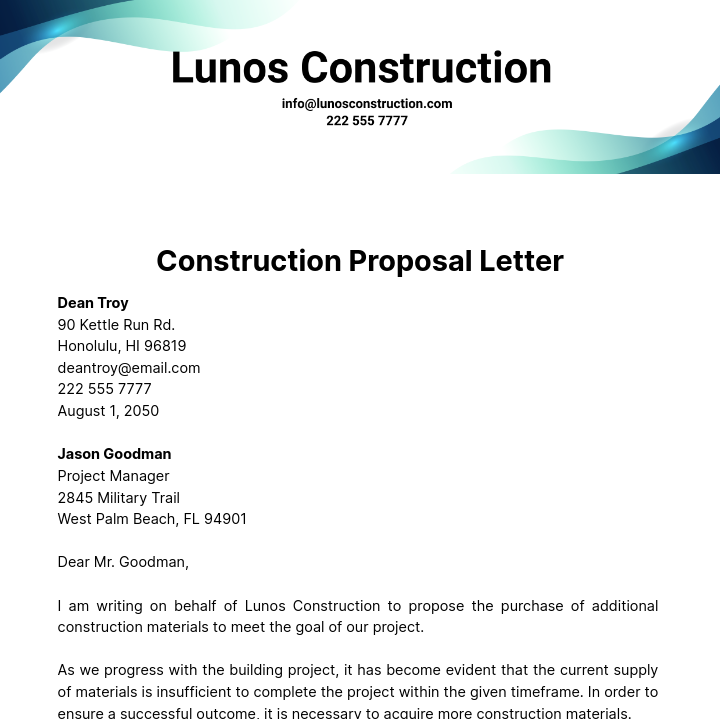 Construction Proposal Letter Template