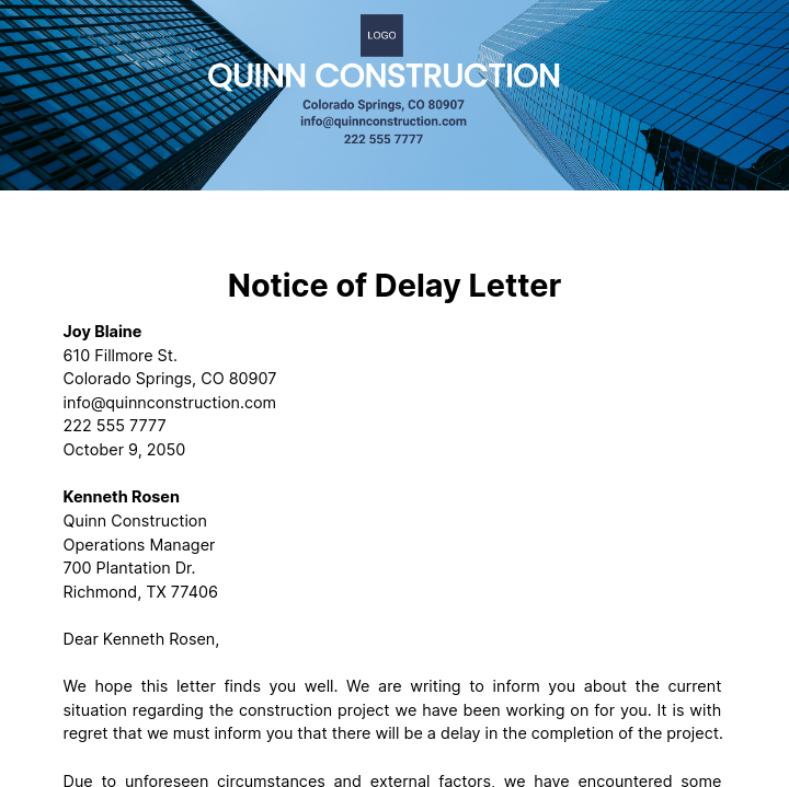 Notice of Delay Letter Construction  Template