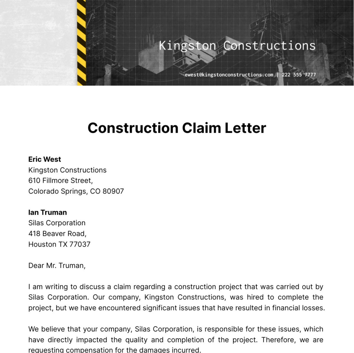 Construction Claim Letter Template